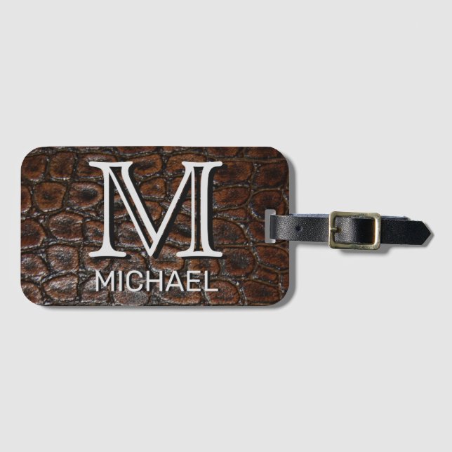 Faux Leather Custom Name and Monogrammed Luggage Tag (Front Horizontal)