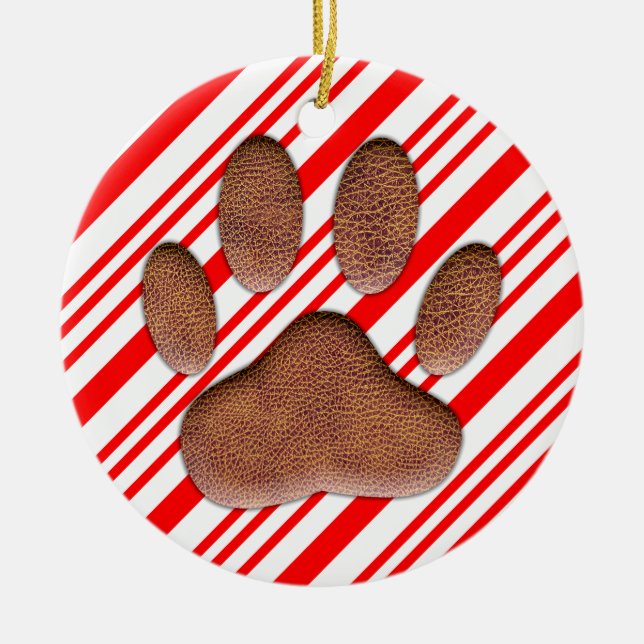 Faux Leather Dog Pawprint Candy Cane Ceramic Tree Decoration (Front)