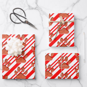 Faux Leather Dog Pawprint Candy Cane Wrapping Paper Sheet
