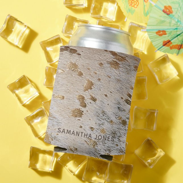 Faux Leather Gold Cowhide Hen Party Personalised Can Cooler (In Situ Summer)