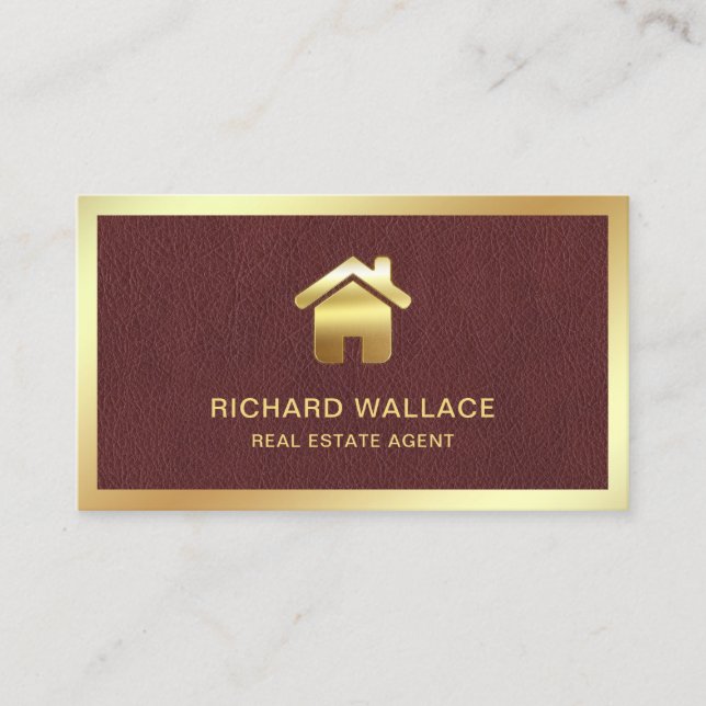 Faux Leather Gold Foil Home Logo Real Estate Agent Business Card (Front)