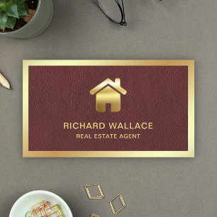 Faux Leather Gold Foil Home Logo Real Estate Agent Business Card