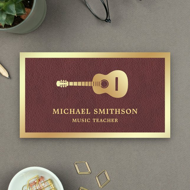 Faux Leather Gold Guitar Music Teacher Guitarist Business Card (Creator Uploaded)