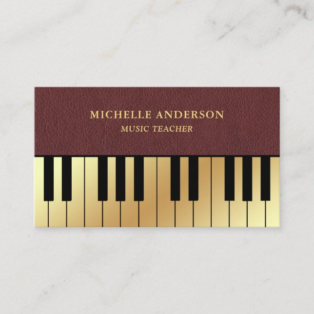 Faux Leather Gold Piano Keyboard Teacher Pianist Business Card (Front)