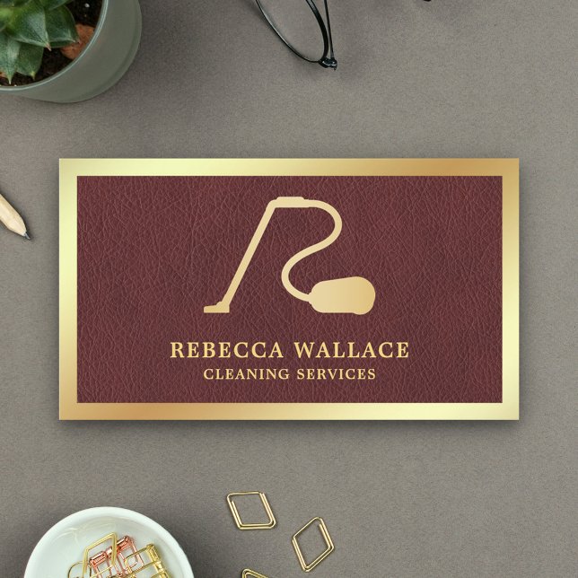 Faux Leather Gold Vacuum Cleaner Cleaning Services Business Card (Creator Uploaded)
