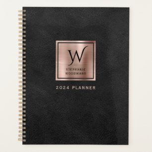 Faux Leather Look Black Rose Gold Monogram 2024 Planner