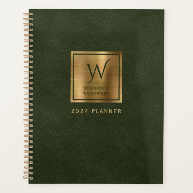 Faux Leather Look Dark Green Gold Monogram 2024 Planner (Front)