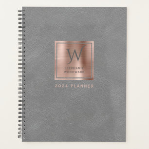 Faux Leather Look Grey Rose Gold Monogram 2024 Planner