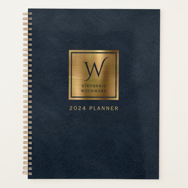 Faux Leather Look Navy Blue Gold Monogram 2024 Planner (Front)