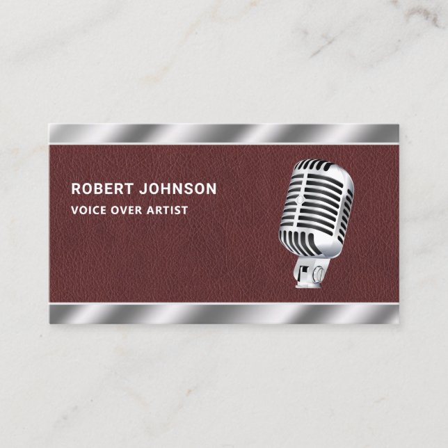 Faux Leather Metallic Microphone Voice Over Artist Business Card (Front)