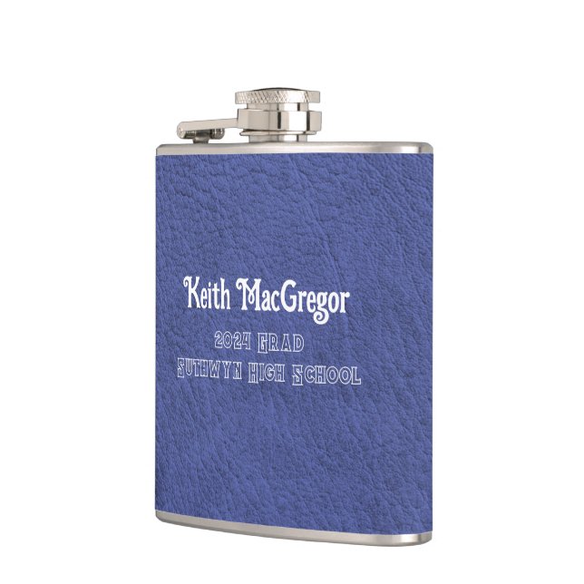 Faux Leather Navy Blue Graduation Gift Hip Flask (Left)