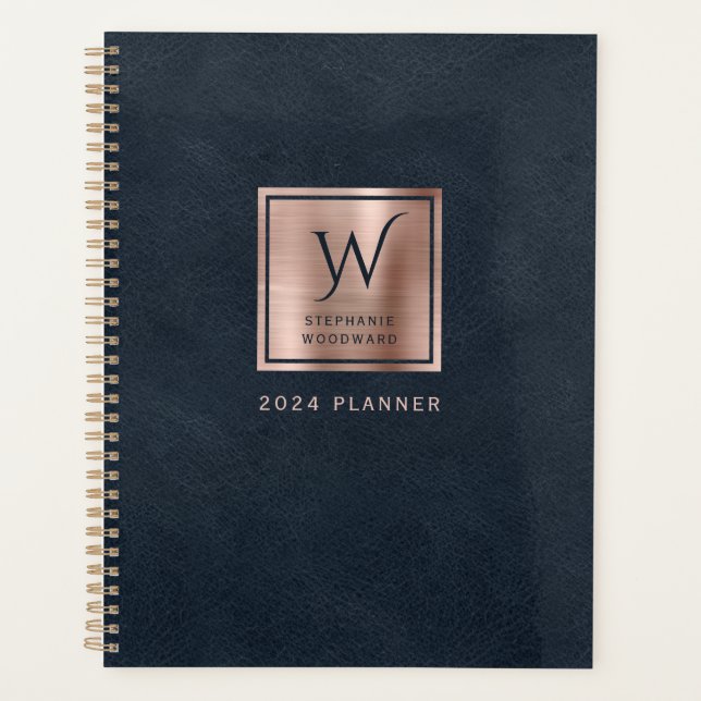 Faux Leather Navy Blue Rose Gold Monogram 2024 Planner (Front)