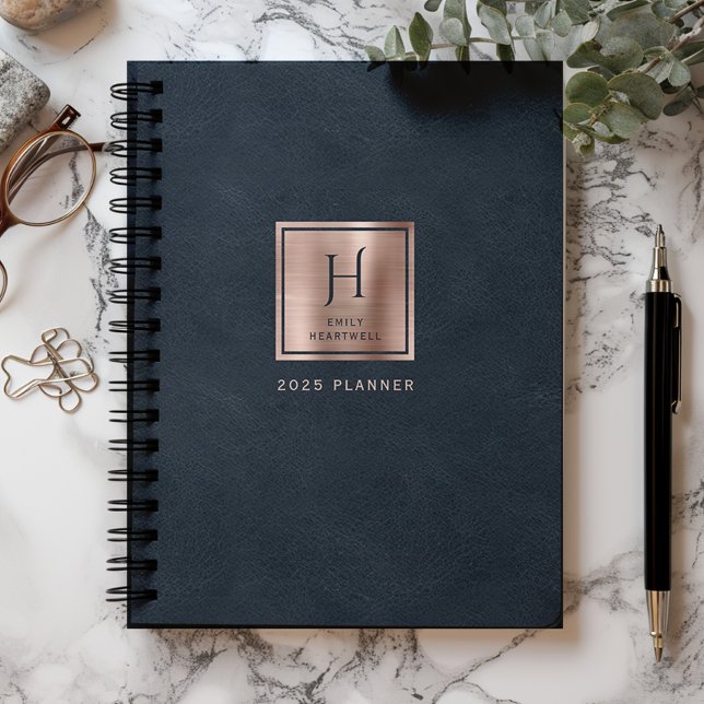 Faux Leather Navy Blue Rose Gold Monogram 2025 Planner (Creator Uploaded)