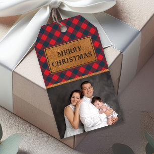 Faux Leather Red Buffalo Plaid Christmas Photo Gift Tags