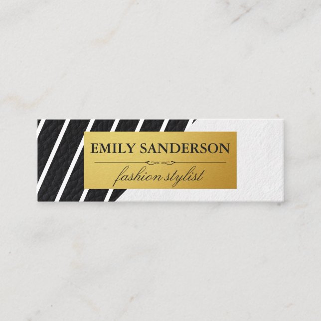 Faux Leather White Stripes Gold Metallic Label Mini Business Card (Front)