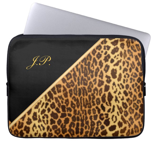 Faux Leopard Black & Gold Laptop Sleeves (Front)
