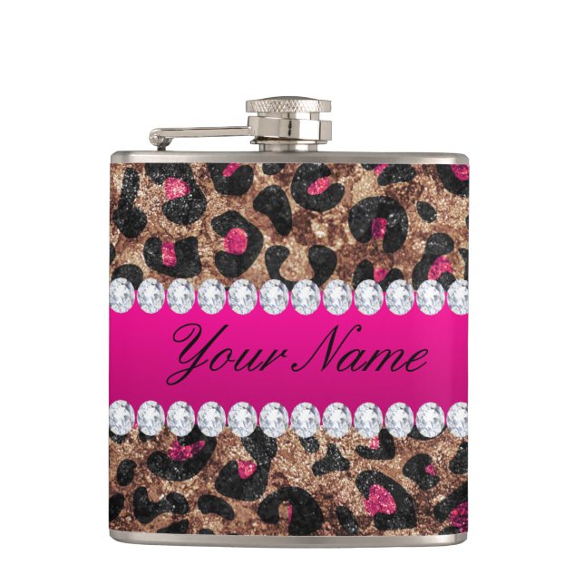 Faux Leopard Hot Pink Rose Gold Foil and Diamonds Hip Flask (Front)
