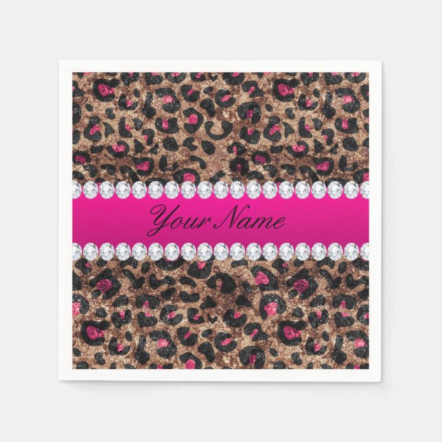Faux Leopard Hot Pink Rose Gold Foil and Diamonds Napkin (Front)