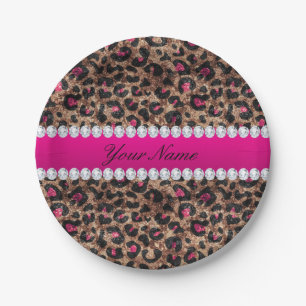 Faux Leopard Hot Pink Rose Gold Foil and Diamonds Paper Plate