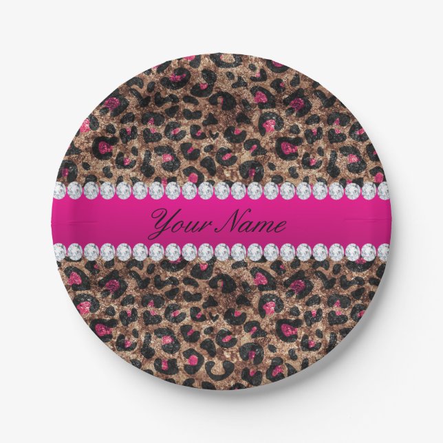 Faux Leopard Hot Pink Rose Gold Foil and Diamonds Paper Plate (Front)