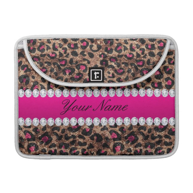 Faux Leopard Hot Pink Rose Gold Foil and Diamonds Sleeve For MacBook Pro (Front Closed)