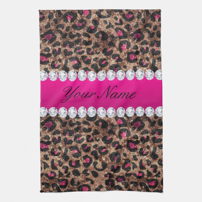 Faux Leopard Hot Pink Rose Gold Foil and Diamonds Tea Towel (Vertical)