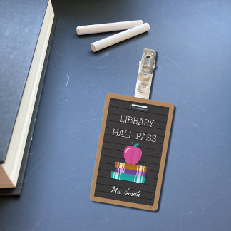 Faux Letter Board Books & Apple Library Hall Pass ID Badge