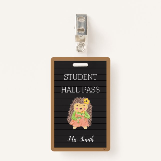 Faux Letter Board Girl Hedgehog Bathroom Hall Pass ID Badge (Front with Clip)