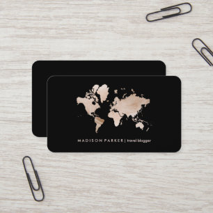 Faux Light Gold World Map on Black Business Card
