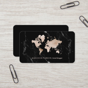 Faux Light Gold World Map on Black Marble Business Card