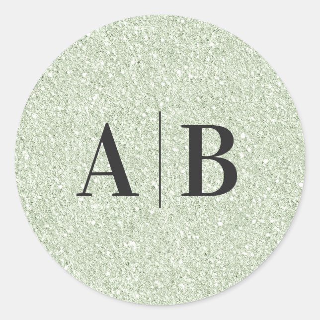 Faux Light Sage Green Glitter Wedding Monogram Classic Round Sticker (Front)