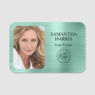 Faux Light Teal Foil Logo and Photo Name Tag