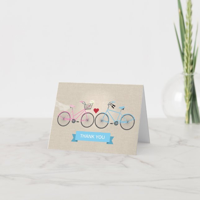 Faux Linen Bicycles Wedding Thank You Card (Front)