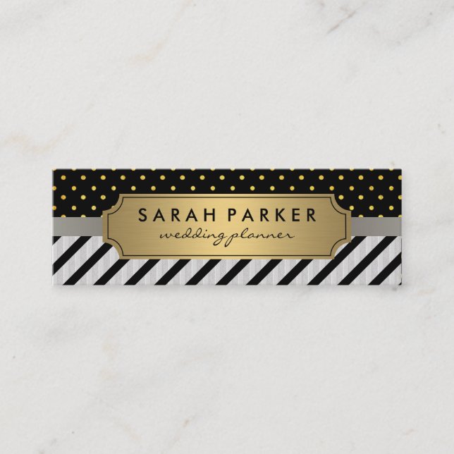 Faux Linen Black Stripes Polka Dots Mini Business Card (Front)