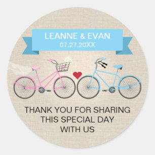 Faux Linen Blue Bicycle Wedding Classic Round Sticker