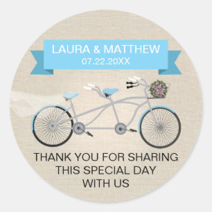 Faux Linen Blue Tandem Bicycle Wedding Classic Round Sticker