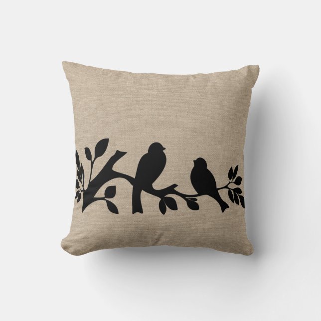Faux linen burlap rustic chic jute love birds patt cushion (Front)