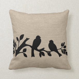 Faux linen burlap rustic chic jute love birds patt cushion
