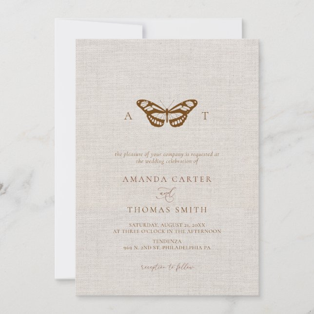 Faux Linen Butterfly Monogram Chic Wedding Invitation (Front)