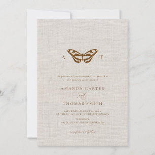 Faux Linen Butterfly Monogram Chic Wedding Invitation