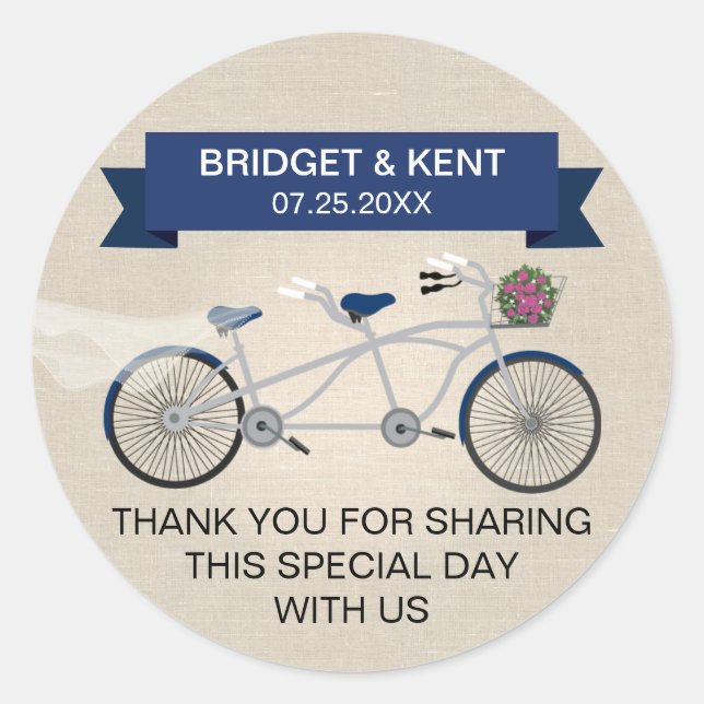 Faux Linen Dark Blue Tandem Bicycle Wedding Classic Round Sticker (Front)