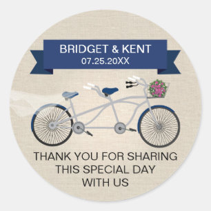 Faux Linen Dark Blue Tandem Bicycle Wedding Classic Round Sticker