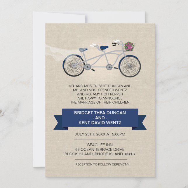 Faux Linen Dark Blue Tandem Bicycle Wedding Invitation (Front)