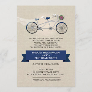 Faux Linen Dark Blue Tandem Bicycle Wedding Invitation