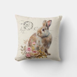 Faux linen french Bunny with roses Cushion