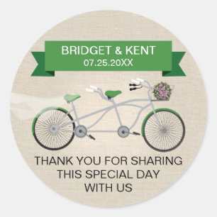 Faux Linen Green Tandem Bicycle Wedding Classic Round Sticker