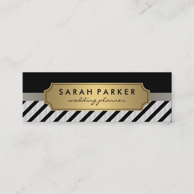 Faux Linen Metallic Gold Label Black Stripes Mini Business Card (Front)
