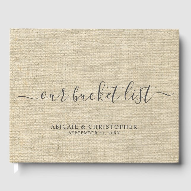 Faux Linen Our Bucket List Couple Wedding Guest Book (Front)