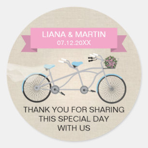 Faux Linen Pink Tandem Bicycle Wedding Classic Round Sticker