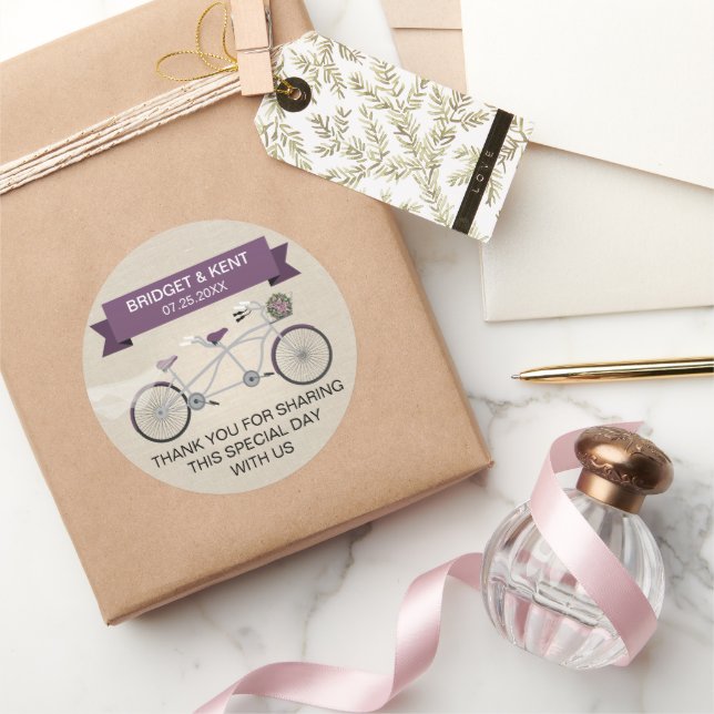 Faux Linen Plum Tandem Bicycle Wedding Classic Round Sticker (Gifting)